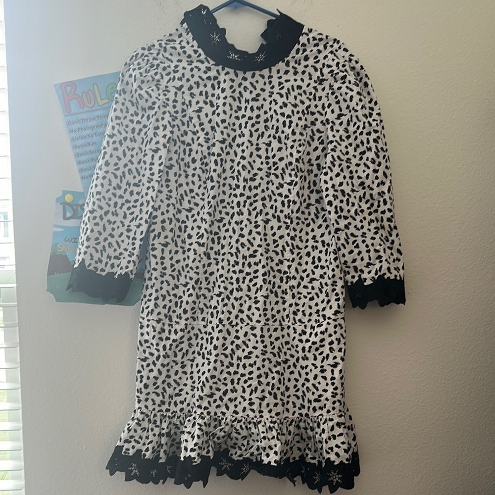 Rebecca Taylor Black and White Patterned Dress with Lace Trim